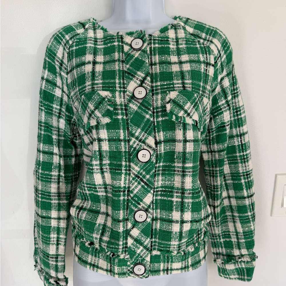 CAbi Green and White Plaid Blazer
